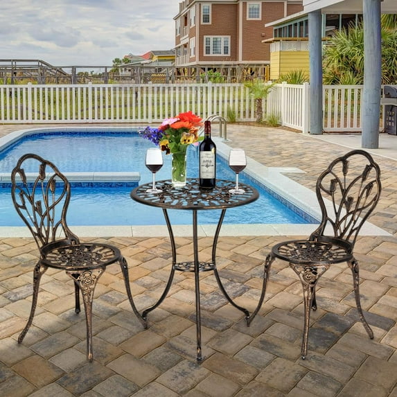 UBesGoo Clearance Cast Aluminum 3 Piece Tulip Bistro Set, Bronze, Patio Chat Set for Weather Resistant, Bronze