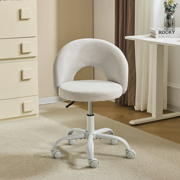 UBesGoo Comfy Office Chair with Wheels, Cute Rolling Vanity Makeup Chair, Adjustable Linen Fabric Task Chair for Makeup Room, Light Gray