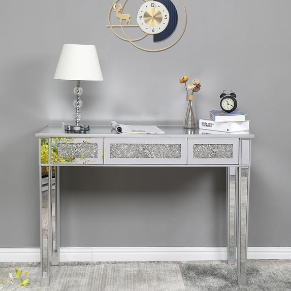 UBesGoo Computer Desk, Mirrored Surface Laptop Table, Study Table with 3 Broken Glass Drawer, Silver
