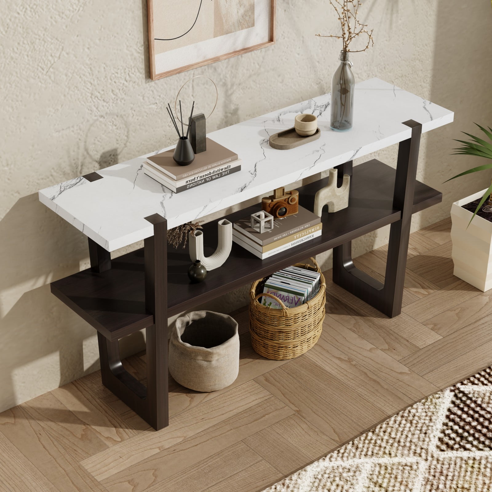 Espresso Wood Console Table with White Marble-Effect Top and Storage Shelf