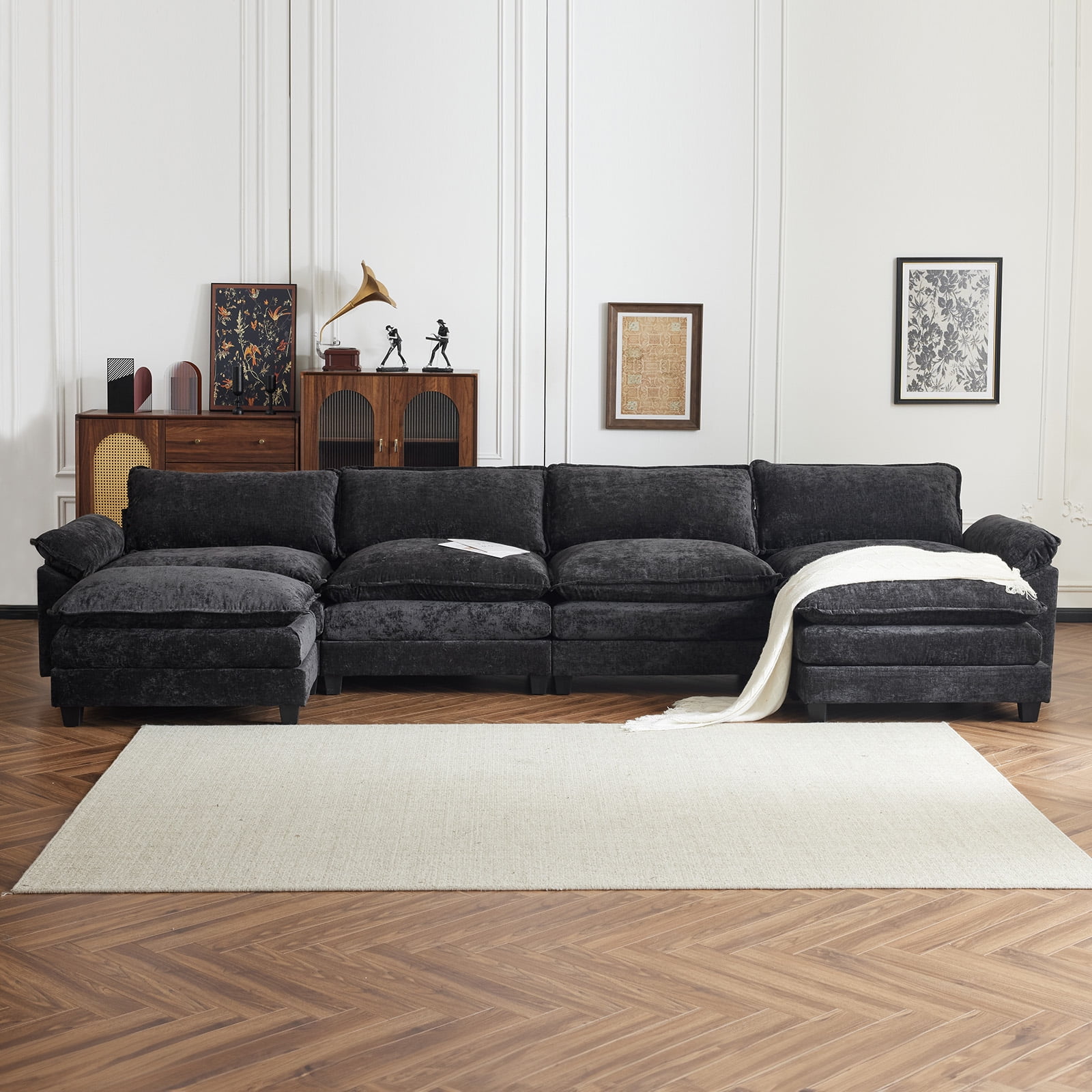 Zimtown Sectional Sofa with Ottoman, U Shaped Convertible Couch with Removable Chaise Chenille Fabric Sofa Set for 6-8 Persons Living Room Furniture Black