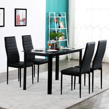 UBesGoo Dining Table Set, Table & 4 Chairs ,Glass Metal Kitchen Room Furniture Black