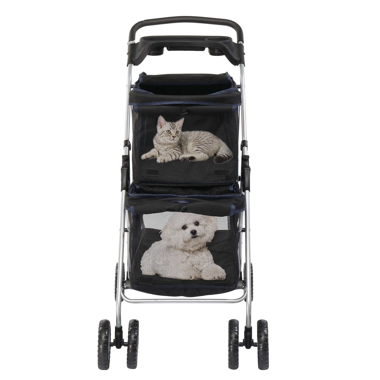 UBesGoo Double Pet Stroller for 2 Dogs Cats, Folding 4-Wheel Carrier with Ventilation, Safety Tethers & Large Storage, Black
