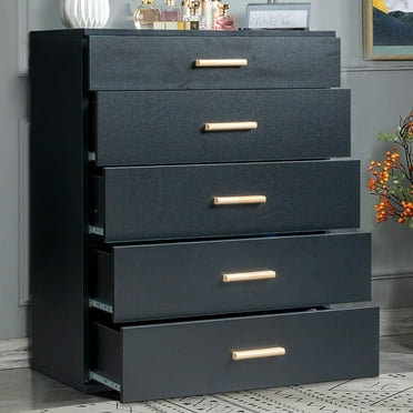 UBesGoo Drawer Dresser for Bedroom with Tempered Glass Top, 5 Dresser Chest with Led Lights, Bedroom Wooden for Bedroom, Hallway, Black