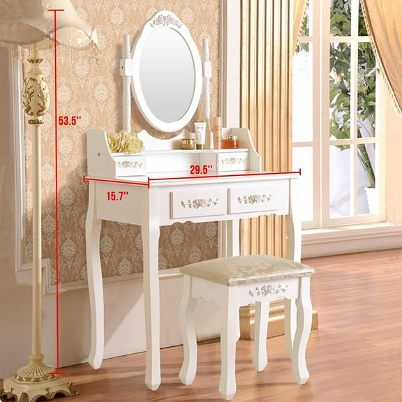 UBesGoo Elegance White Dressing Table Vanity Table and Stool Set Wood Makeup Desk with 4 Drawers & Mirror