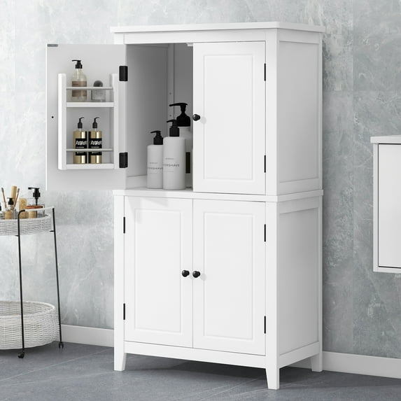 UBesGoo Elegant Bathroom Floor Storage Cabinet with 4 Doors, Adjustable Shelves, Hidden Shelves, White