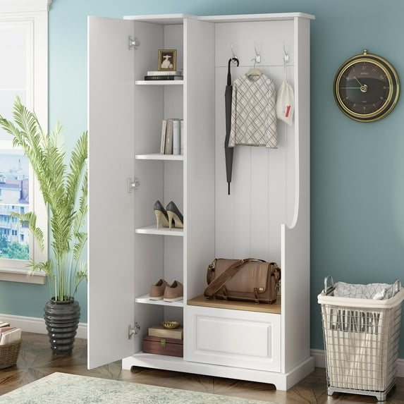 UBesGoo Entryway Hall Tree with Shoe Storage Bench & Coat Rack, 1-Door Wardrobe Bedroom Armoire for Apartment Hallway Mudroom Living Room, White