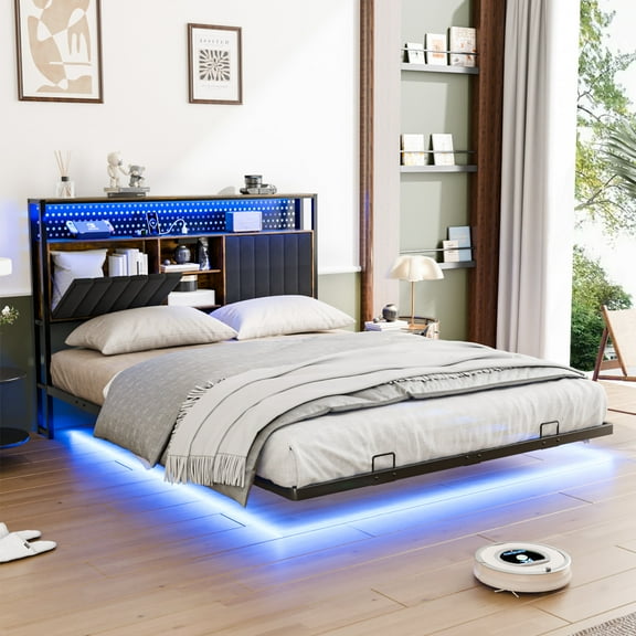 UBesGoo Floating Bed Frame Queen Size with Storage Headboard, Metal Platform Bed with LED and Charging Station for Bedroom, Black