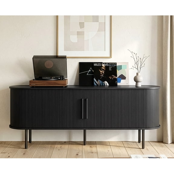 UBesGoo Fluted TV Stand with Sliding Doors, Wooden Oval Media Console Suitable for The Living Room, TV Stand for 60 Inch TV, Black