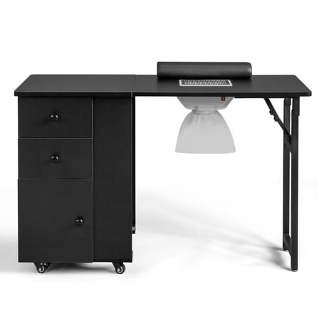 UBesGoo Foldable Manicure Table Desk with Dust Collector, 2 Drawers, Black
