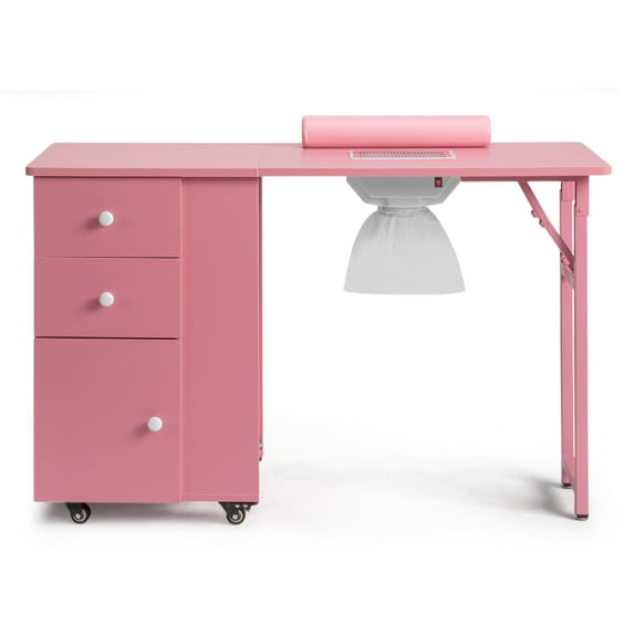 UBesGoo Foldable Manicure Table Desk with Dust Collector, 2 Drawers, Pink