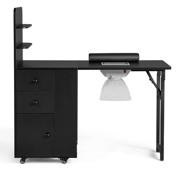 UBesGoo Foldable Nail Table w/Dust Collector, 2 Shelves & 2 Drawers, Lockable Wheels, Black