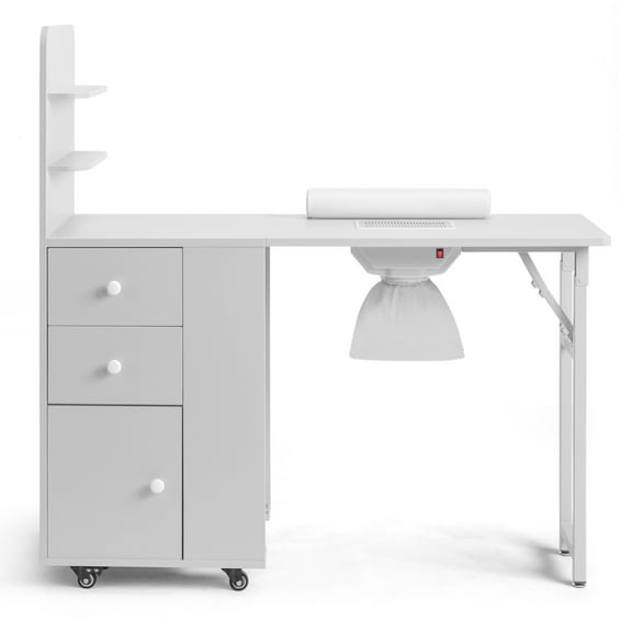 UBesGoo Foldable Manicure Table w/Dust Collector, 2 Shelves & 2 Drawers, Lockable Wheels, White