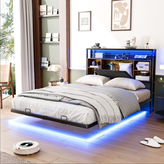 UBesGoo Full Floating Platform Bed, Burnt Wood Storage Headboard Full Bed Frame with Built-in Power Outlet & LED Light Strip, Rustic Farmhouse Bedroom Furniture