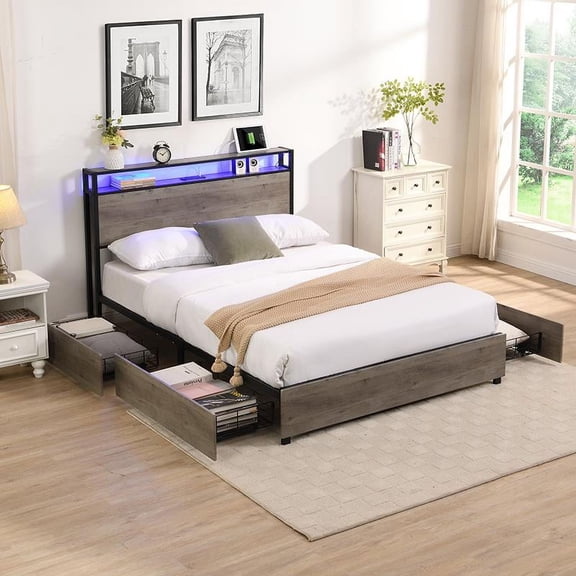 UBesGoo Full LED Bed Frame with Headboard and 4 Drawers Storage, USB Charging Station Platform Bed, Gray