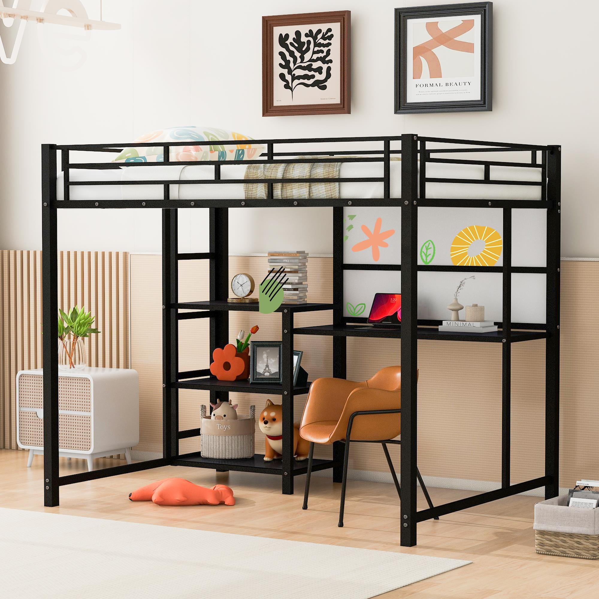 UBesGoo Full Loft Bed with Desk and Whiteboard, Mental Bunk Bed with 3 ...