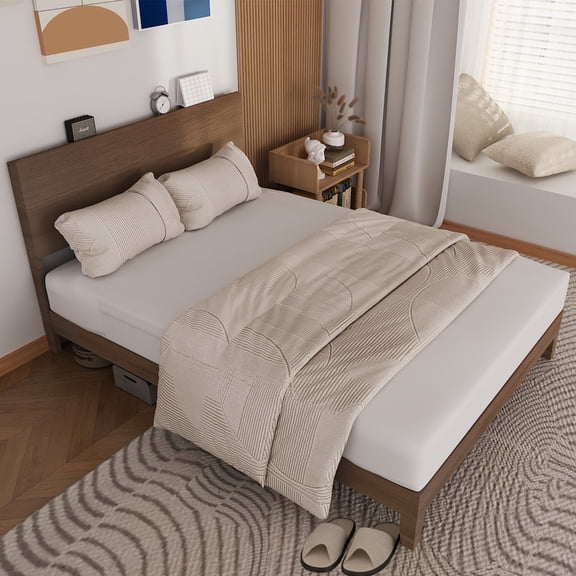 UBesGoo Full Wood Bed, Solid Pine Bed Frame with Square Painted Headboard, Built-in Bedside Power Outlet, Rustic Walnut