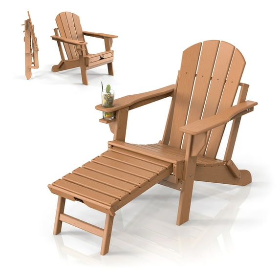 UBesGoo HDPE Adirondack Chair for Outdoor and Indoor with Folding Footrest,Waterproof HDPE Material, Comfortable 380lb Weight Capacity, Teak