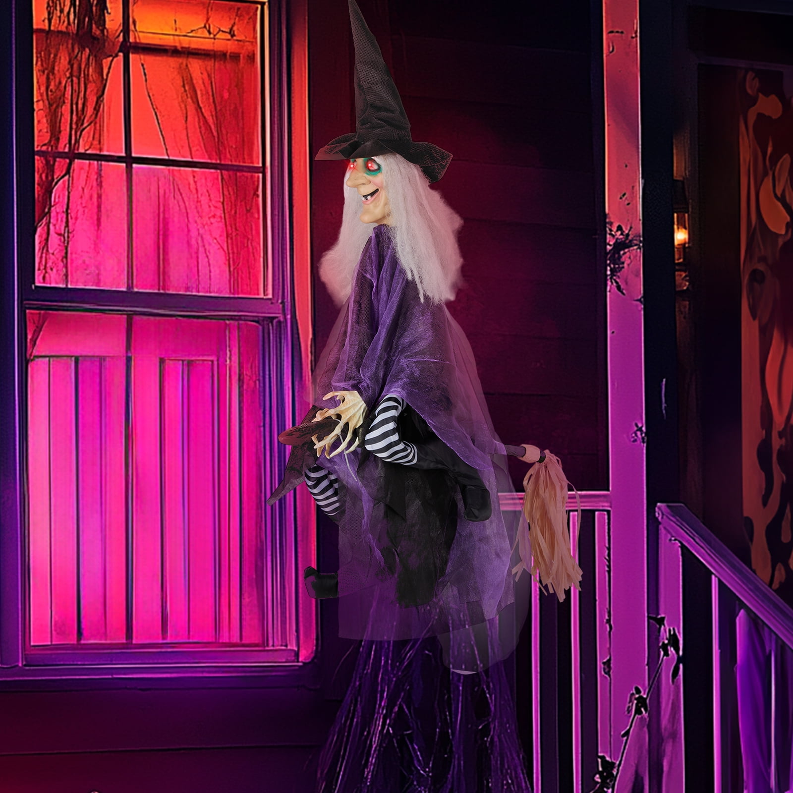 UBesGoo Hanging Witch Animated Halloween Decoration Witch w/ Pre-Recorded Screaming, LED Eyes