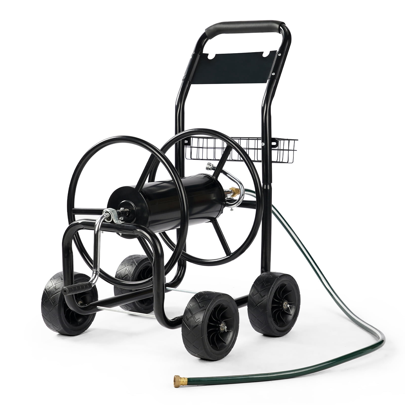 UBesGoo Iron Four Wheel Pipe Truck Garden Water Hose Reel Car w/ Dark Green Hose, Black