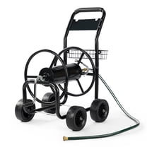 UBesGoo Iron Four Wheel Pipe Truck Garden Water Hose Reel Car w/ Dark Green Hose, Black