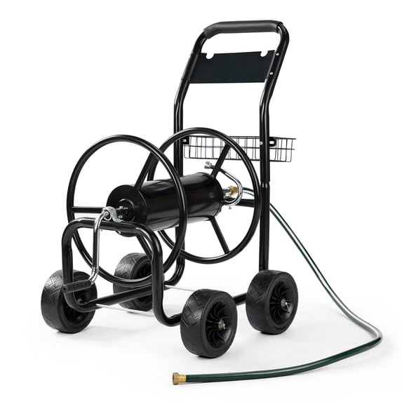 UBesGoo Iron Four Wheel Pipe Truck Garden Water Hose Reel Car w/ Dark Green Hose, Black