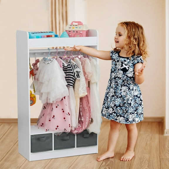 UBesGoo Kid's See and Store Dress-up Center w/ Mirror, Kids Costume Organizer w/ 3 Drawers, Open Hanging Armoire Closet, Pretend Storage Closet for Kids, Costume Storage Dresser, White