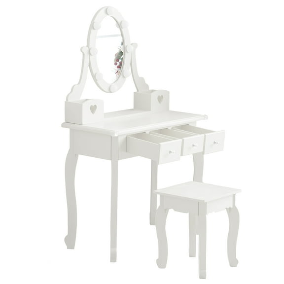 UBesGoo Kids Vanity Makeup Table Set with Chair Mirror and Lights 3 Drawers for Girls White