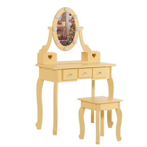 UBesGoo Kids' Vanity Set with 3 Colors Lighting MDF Makeup Dressing Table with Stool Light Orange