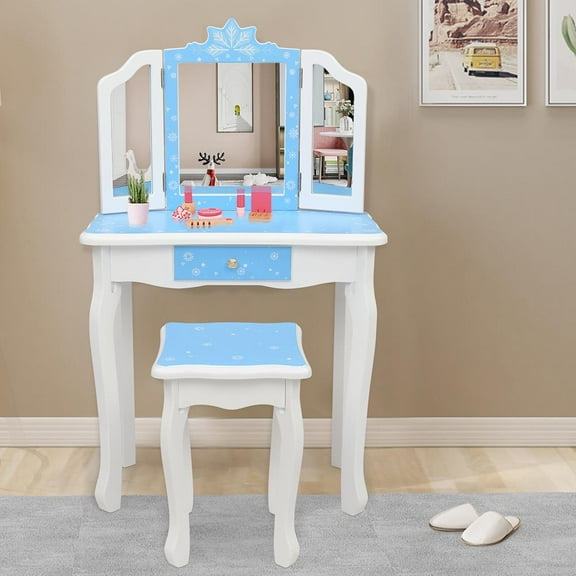 UBesGoo Kids Wooden Dressing Table Bedroom Makeup Table Blue Finish
