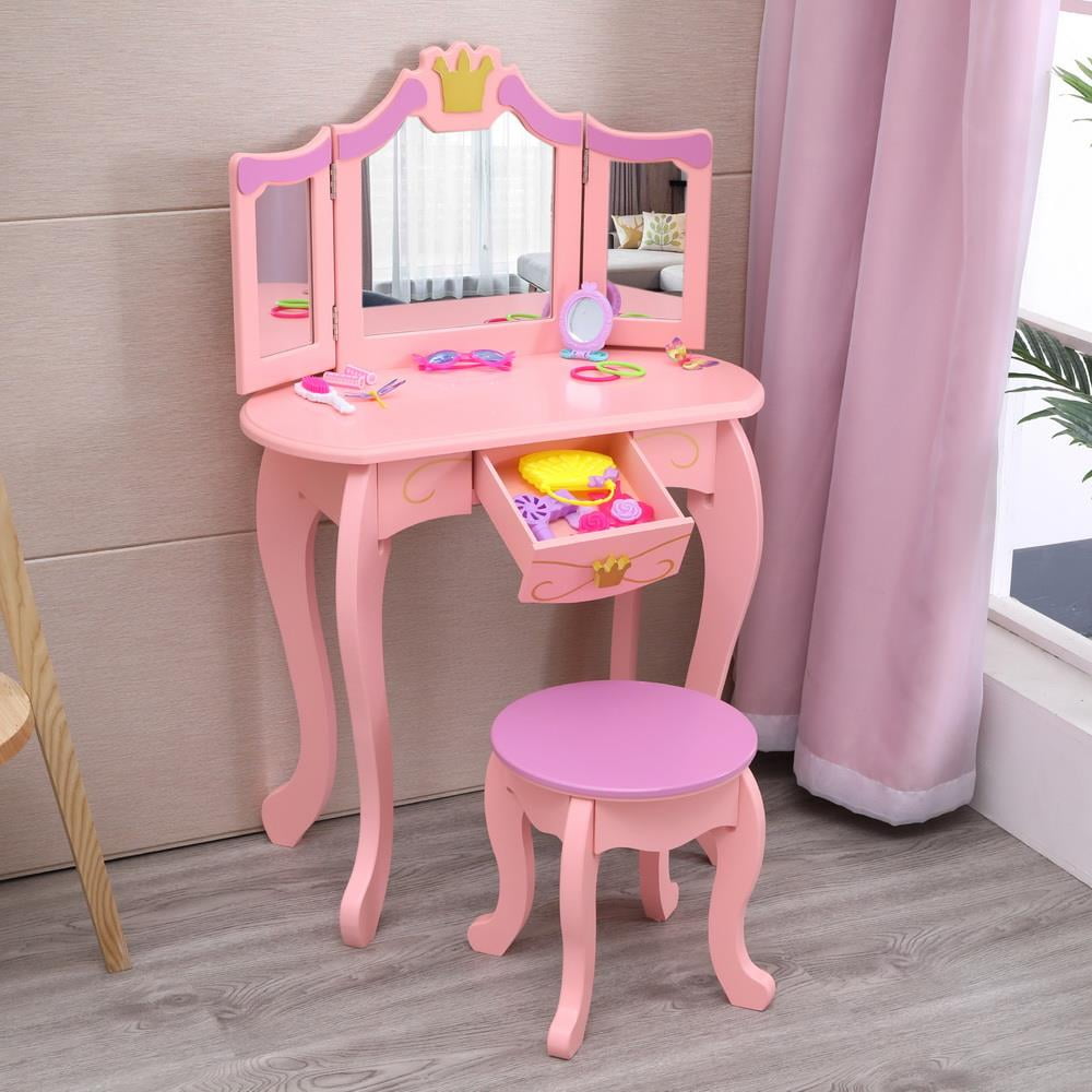 UBesGoo Kids Wooden Vanity Table & Stool Set, Princess Makeup Dressing Table with Folding Mirror
