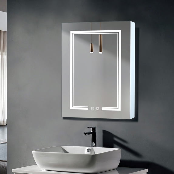 UBesGoo LED Lighted Bathroom Wall Cabinet with Mirror, 20x28 Inch Medicine Cabinet with Light & 3-Tier Shelves, Single Door, Defogger, Dimmable, Memory function, Outlets & USB, White
