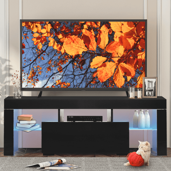 UBesGoo LED TV Stand, 50" Media Storage Cabinet Cupboard Console Table Sideboard with Blue Lights , Black