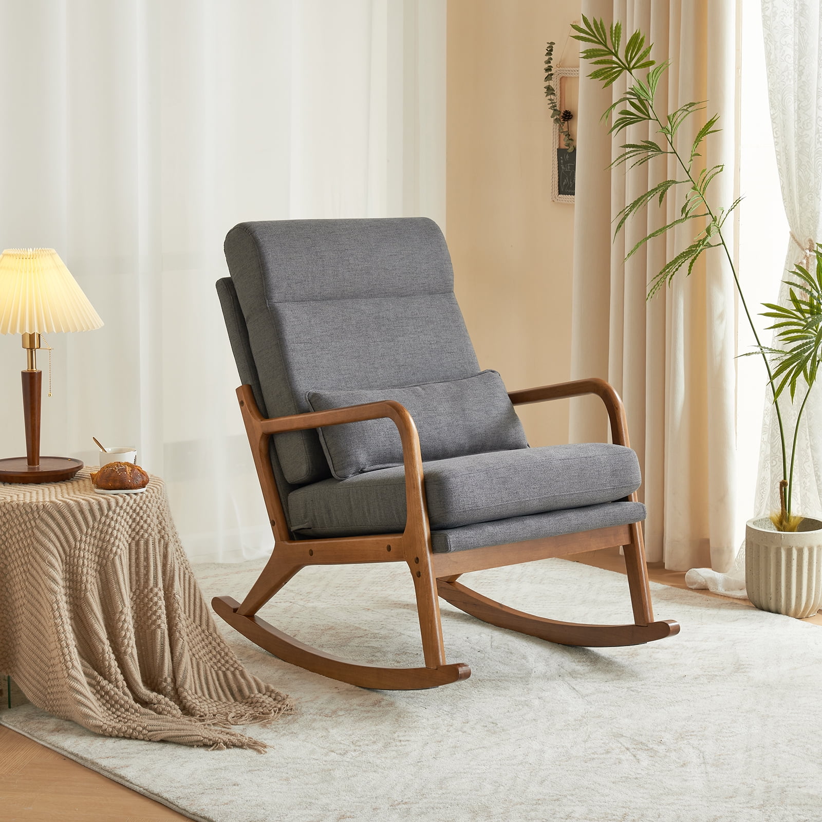 UBesGoo Linen Fabric Rocking Chair,Mid-Century Glider Rocker with Padded Seat and Wood Frame, Modern Accent Chair for Living Room Dark Gray
