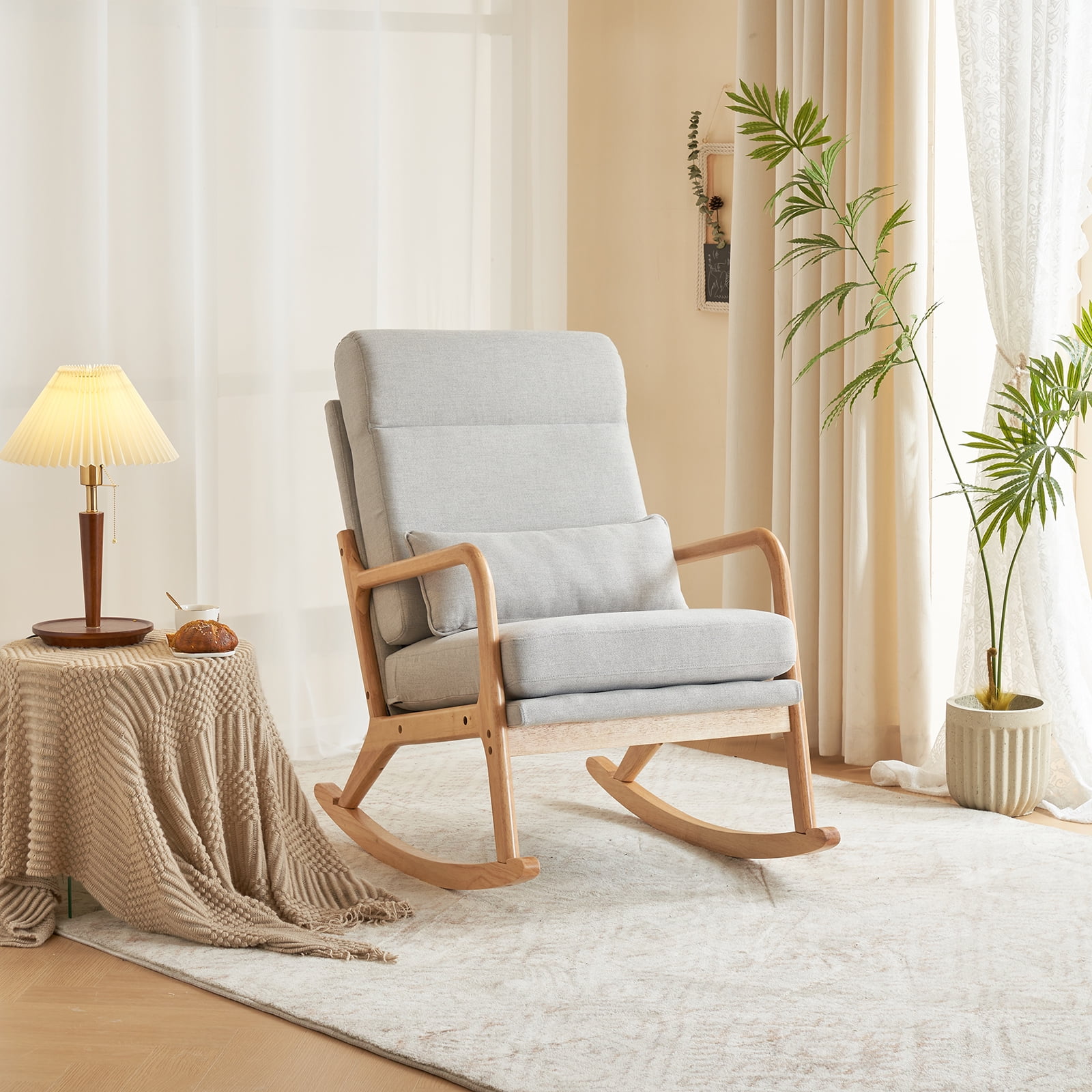 UBesGoo Linen Fabric Rocking Chair,Mid-Century Glider Rocker with Padded Seat and Wood Frame, Modern Accent Chair for Living Room Light Gray