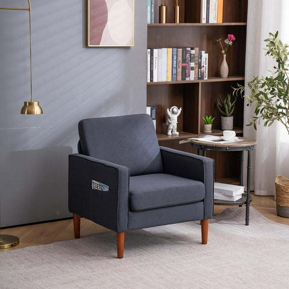 UBesGoo Linen Fabric Single Sofa, Modern Club Chairs with Solid Wood Legs, Upholstered Accent Chair for Living Room, Bedroom Dark Gray