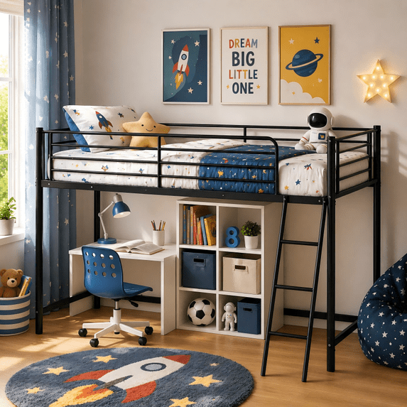 UBesGoo Low Twin Metal Loft Bed for Juniors, Loft Bed Frame with Safety Guardrails, Black