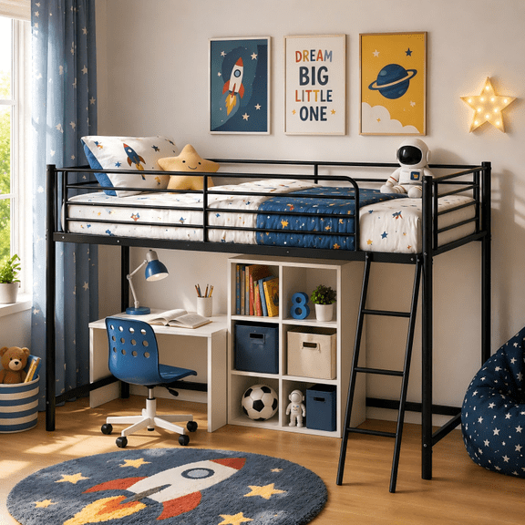 UBesGoo Low Twin Metal Loft Bed for Juniors, Loft Bed Frame with Safety Guardrails, Black