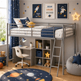 thumbnail image 1 of UBesGoo Low Twin Metal Loft Bed for Juniors, Loft Bed Frame with Safety Guardrails, Gray, 1 of 10