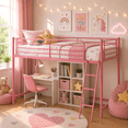 thumbnail image 1 of UBesGoo Low Twin Metal Loft Bed for Juniors, Loft Bed Frame with Safety Guardrails, Pink, 1 of 10