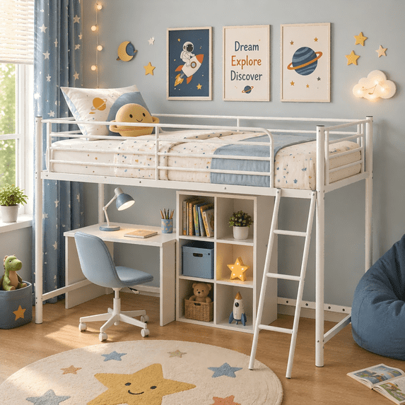 UBesGoo Low Twin Metal Loft Bed for Juniors, Loft Bed Frame with Safety Guardrails, White