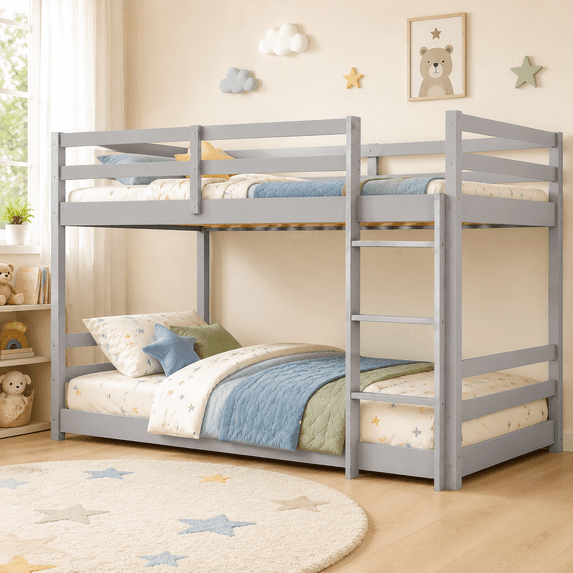 UBesGoo Low Twin Over Twin Bunk Bed, Wood Frame with Reversible Ladder, Guardrails, Converts to 2 Beds, Gray