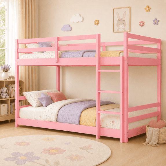 UBesGoo Low Twin Over Twin Bunk Bed, Wood Frame with Reversible Ladder, Guardrails, Converts to 2 Beds, Pink