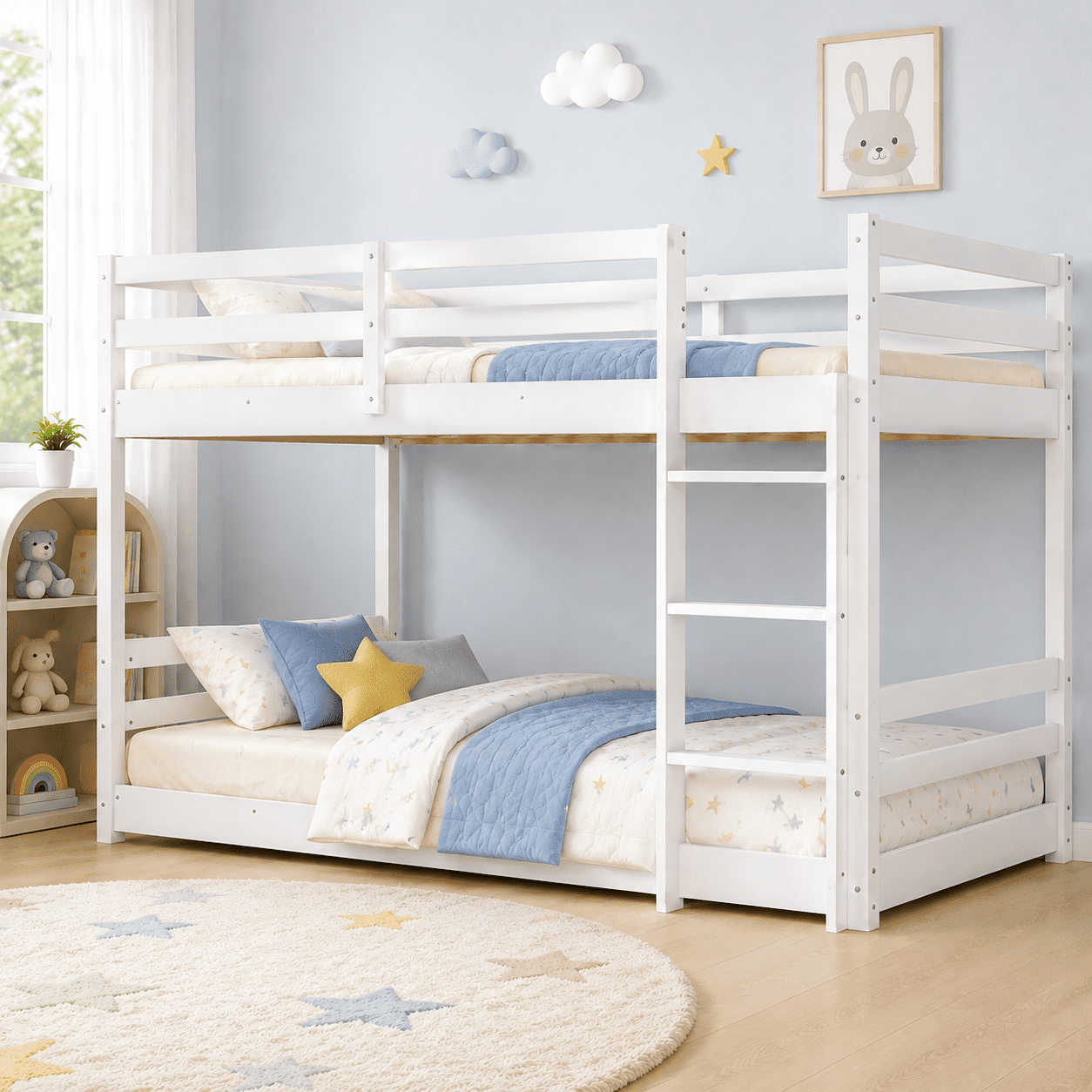 UBesGoo Low Twin Over Twin Bunk Bed, Wood Frame with Reversible Ladder