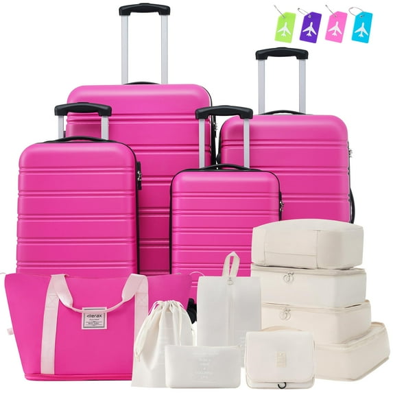 UBesGoo Luggage Sets, 13 Piece ABS Luggage Suitcase Set with Travel Bag, Carry on Luggage with Spinner Wheels and TSA Lock, Pink
