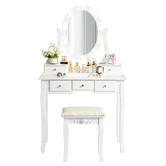 UBesGoo Makeup Vanity, Vanity Table Set with 10 LED Light, Dressing Table for Small Room, White