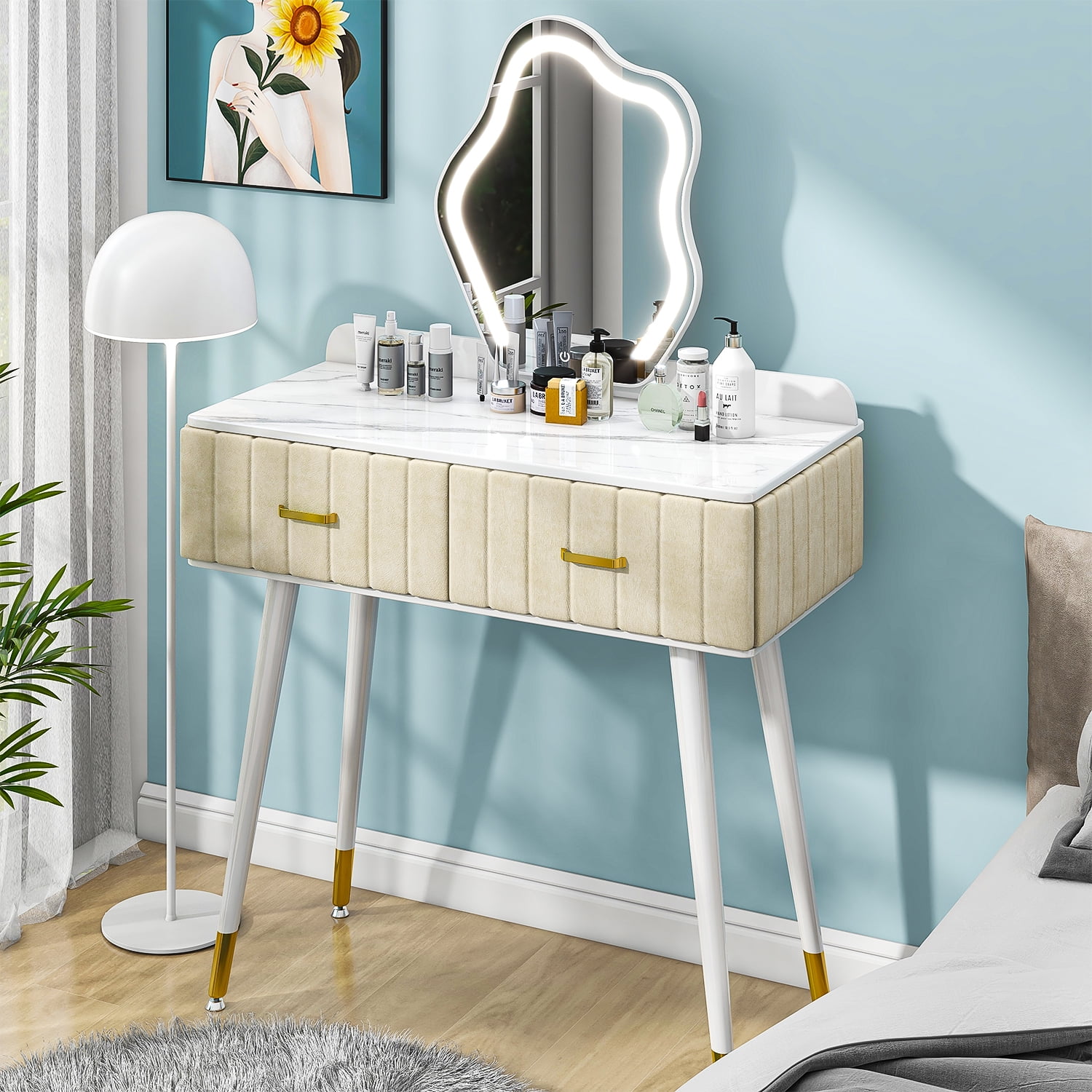 UBesGoo Large Dressing Table with 3 Color Lighted Mirror, Vanity Makeup ...