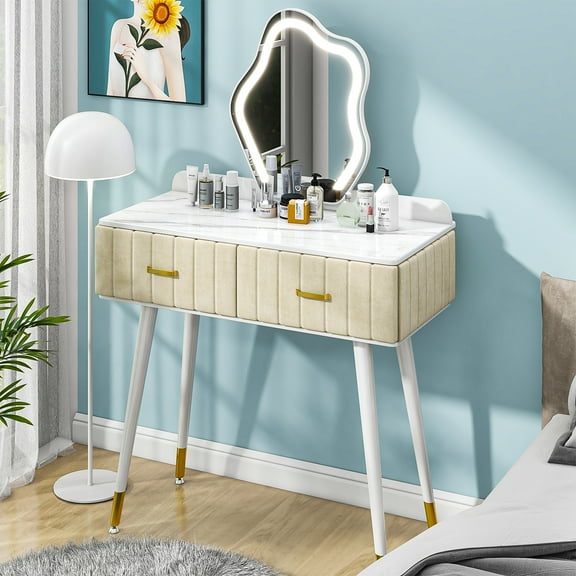UBesGoo Makeup Vanity with 3 Color Lighted Mirror,Vanity Table with Mirror & Cushioned Drawers,Makeup Table for Girl, Women,White