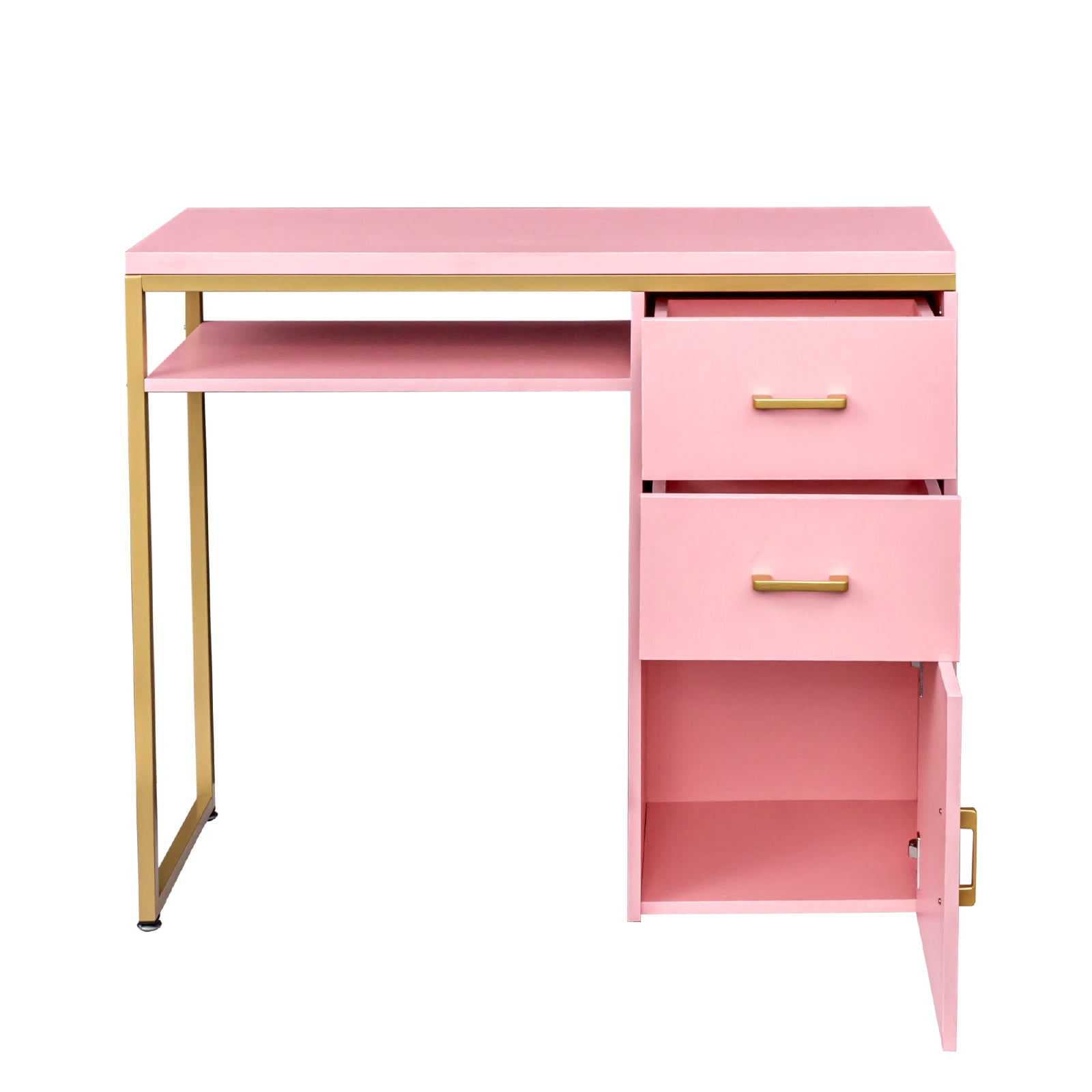 UBesGoo Salon Manicure Makeup Nail Table Computer Desk with 1 in Chipboard Surface Iron Frame Pink