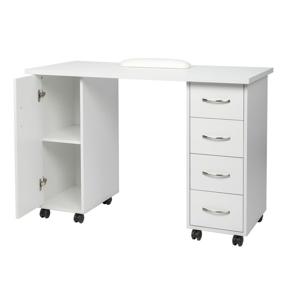 UBesGoo Manicure Table, Wood Nail Desk with Drawers, Rolling Nail Salon Station Table, Nail Beauty Spa Salon Desk Workstation, White